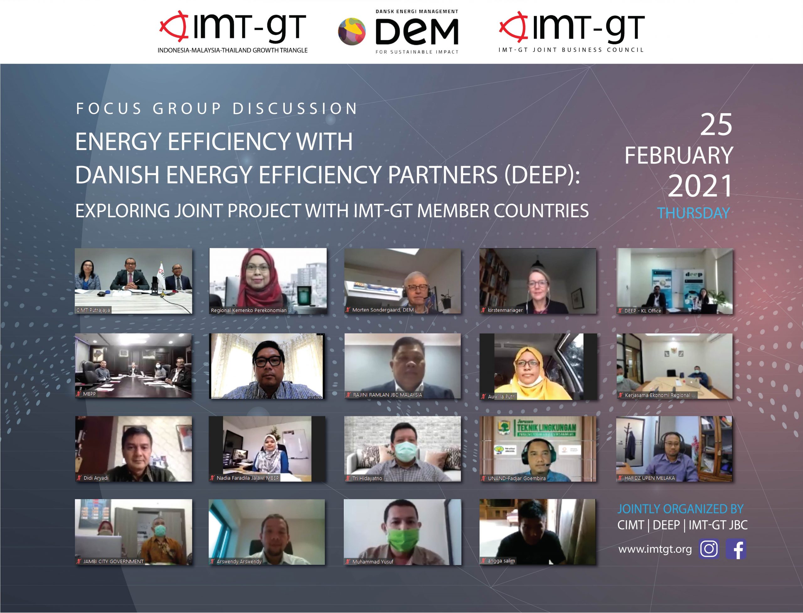 Read more about the article FOCUS GROUP DISCUSSION (FGD) ON ENERGY EFFICIENCY WITH DANISH ENERGY EFFICIENCY PARTNERS (DEEP): EXPLORING JOINT PROJECT WITH IMT-GT MEMBER COUNTRIES, 25 FEBRUARY 2021